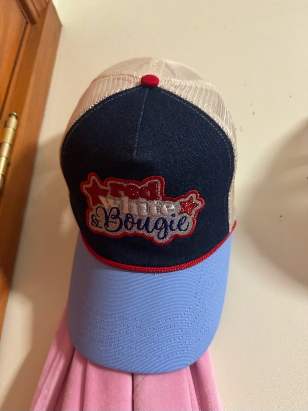 Embroidered Trucker Hat in Navy, Light Blue & Pink